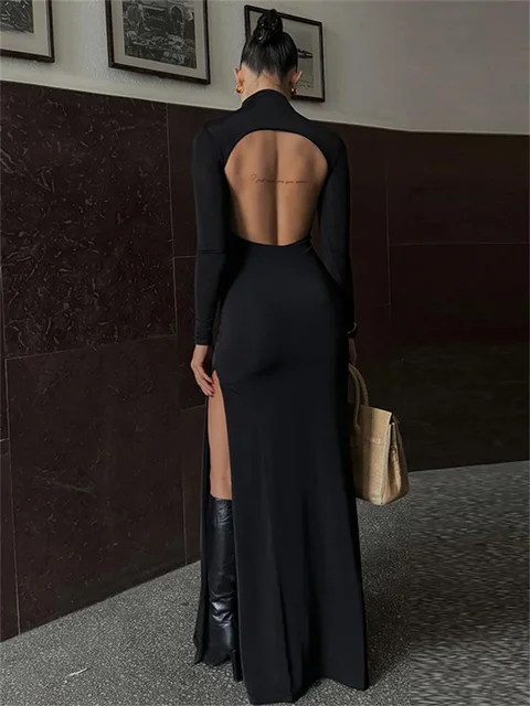 Long sleeve backless black dress best sale